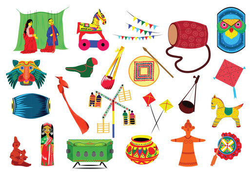 Traditional Bangladeshi cultural icons including ektara, clay pots, hand fan, parrot, and cultural elements . Vibrant folk art elements for Pahela Baishakh and rural heritage designs. Editable EPS. 