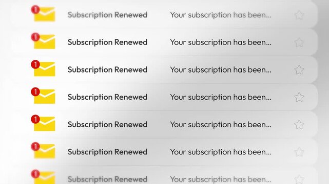 4k animation of subscription renewal email list with unread messages and new updates alert icon in inbox