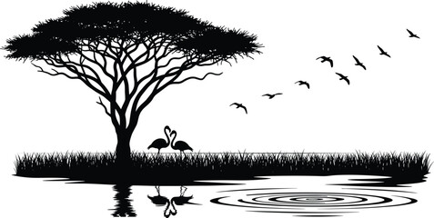 Black silhouette savanna tree with flamingos by water reflection, flying birds, tranquil nature landscape illustration, minimal monochrome design, serene wildlife scene for decorative wall art © MdHasanAli