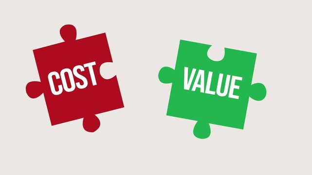 Balancing cost and value with red and green puzzle pieces for business strategy 4k animation