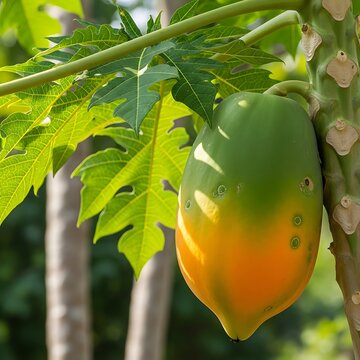 Papaya Fruit Ripening on Tree Branch with Green Leaves.