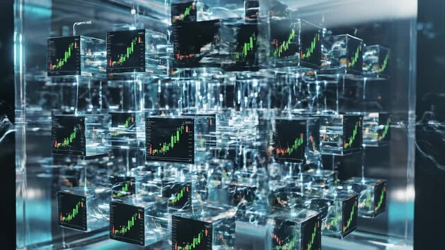 Financial data trading platform with transparent cubes and stock market price charts representing growth and investment strategies