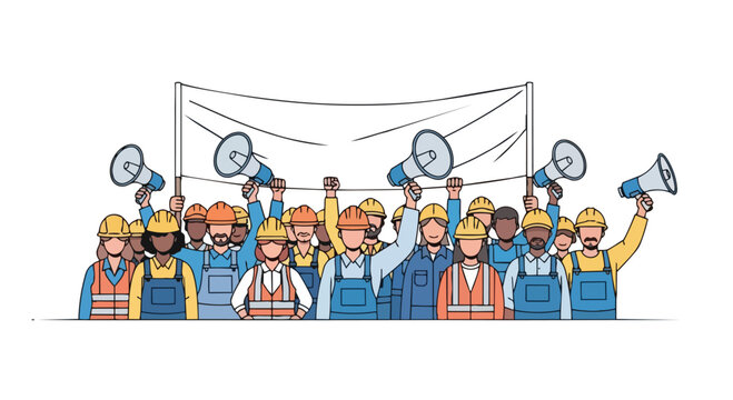 Flat 2D illustration of workers in hard hats and safety vests holding megaphones and a banner, protesting with a labor union concept in a colorful, graphic style.