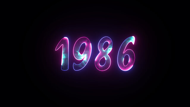 Glowing neon pink purple year 1986 text on dark background