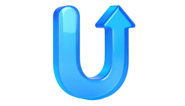 Glossy, three-dimensional, light-blue arrow curving upwards, resembling a letter "U," against a stark black backdrop