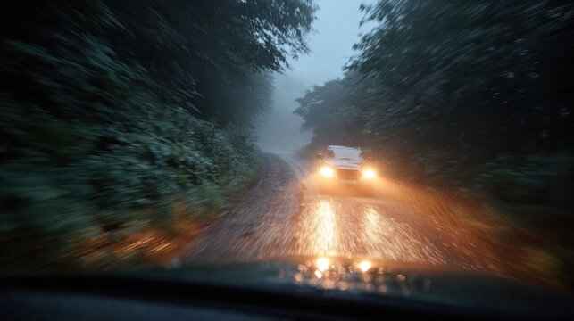 Medium shot of a vehicle navigating a narrow rural road at night headlights cutting through light rainfall focusing on speed control and cautious driving.