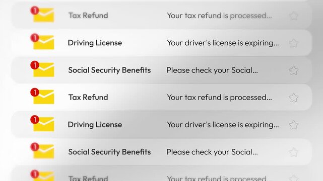Digital inbox email notifications for driving license expiration social security benefits and tax refund alerts in 4k animation