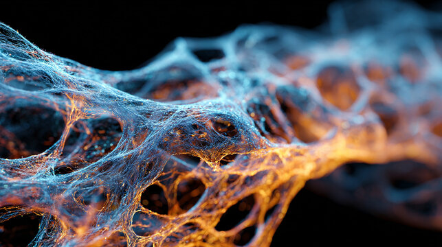 Abstract fascia web of delicate connective tissue strands glowing blue and orange, resembling an organic neural network. Ethereal and calming design