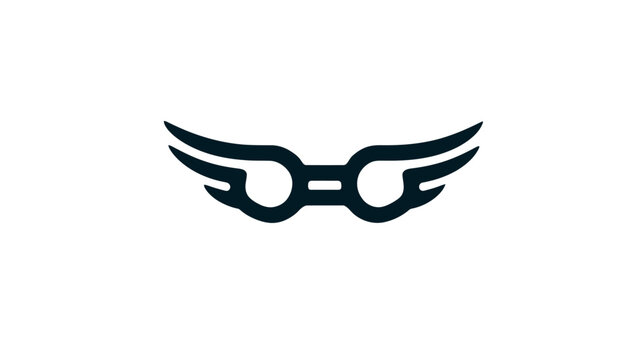 Minimalist black eyeglasses with wings logo icon on white background, symbolizing smart vision, intelligence, and freedom of thought