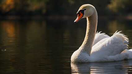 Fototapeta premium A graceful white swan glides peacefully on a calm body of water