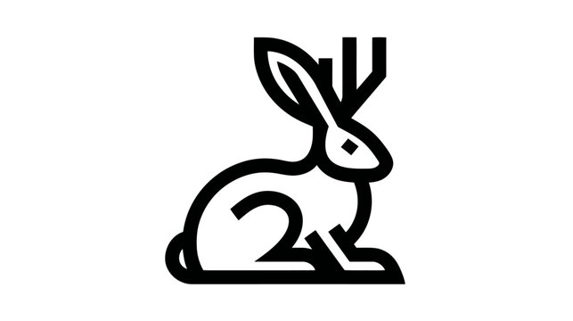 Minimalist black and white line art illustration of a jackalope, a mythical creature with rabbit features and deer antlers, fantasy folklore symbol icon.