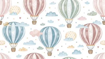 Wandcirkels Luchtballon Watercolor Hot Air Balloon Pattern with Clouds and Hearts pastel  © Nadimul