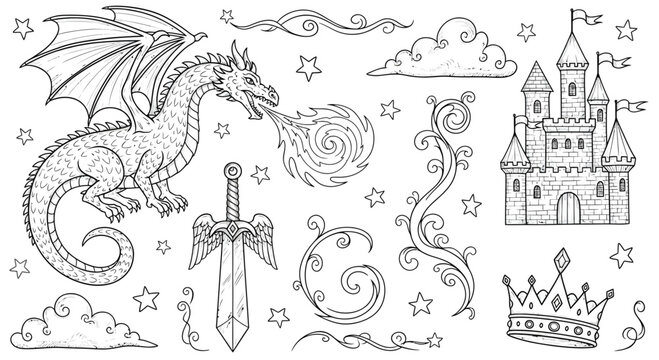 A dragon breathing fire near a sword, castle, and crown in a magical kingdom scene