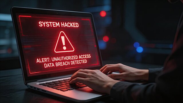 System hacked alert on laptop screen with warning message cybersecurity breach detected unauthorized access notification hacker typing on keyboard in dark room data protection