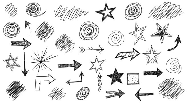 A collection of hand-drawn star and arrow icons with various line styles and shapes.