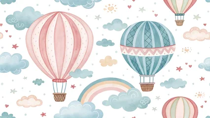 Wandcirkels Luchtballon Watercolor Hot Air Balloon Pattern with Rainbow and Stars pastel clouds  © Nadimul
