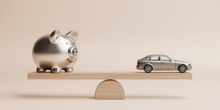 Silver piggy bank and car on wooden seesaw balance  financial concept