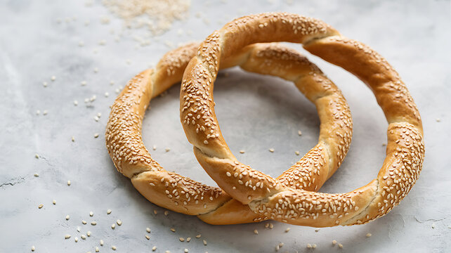 Two sesame seed Simit bread rings on a gray surface with scattered sesame seeds