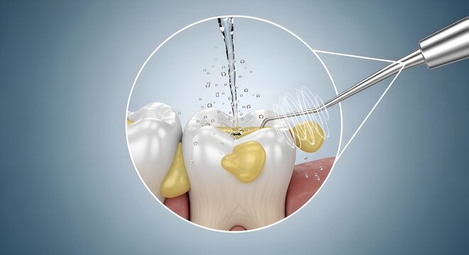 Dental cleaning: Water jet and brush cleaning plaque from teeth, close-up