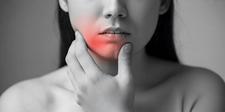 Woman touching sore jaw with red highlighted pain area on face