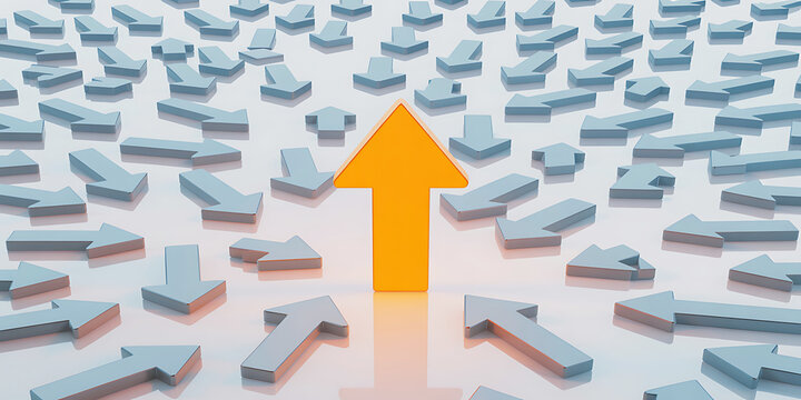 Yellow arrow pointing up surrounded by multiple gray arrows on white background