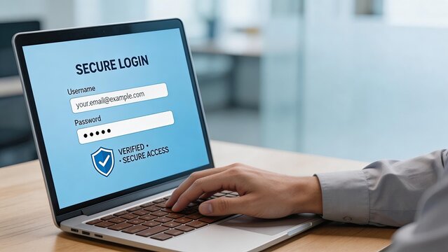 Secure login on laptop with user hand typing password verified access shield icon cybersecurity concept for business office data protection authentication online safety digital