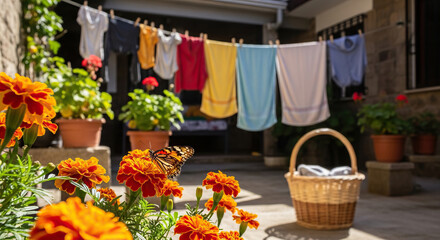 Fototapeta premium Colorful clothes hanging on a line in a courtyard with blooming marigolds and a butterfly resting on flowers in the foreground
