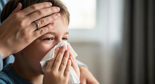 Child with tissue wipes nose while adult hand checks forehead for fever in a bright indoor setting with window in background