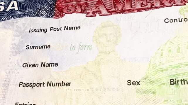 High resolution close-up of United States visa page showing text and security features, 4k animation