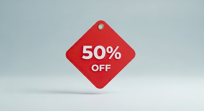 Red discount tag with 50% off text displayed on a light gray background, ideal for promotional marketing and sales advertising