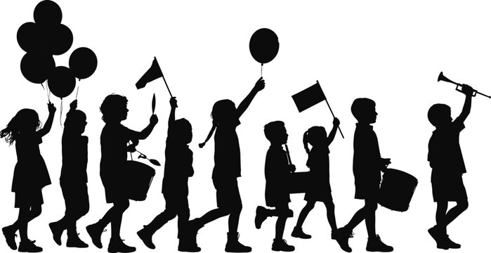 Black silhouette children parade with balloons, flags, and musical instruments in festive celebration, joyful kids marching together in unity illustration
