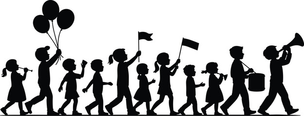 Joyful children parade silhouette with balloons, trumpet, drum, flags, celebration, festive kids marching procession vector illustration for stock content © Arif Creatives