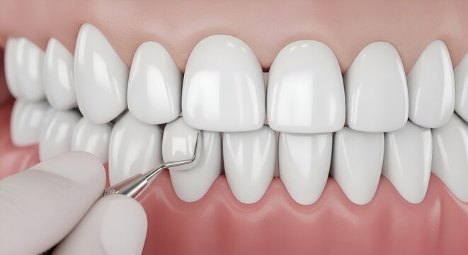 Close-up of human teeth being cleaned by dental scaler tool, healthy smile concept