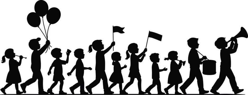 Joyful children parade silhouette with balloons, trumpet, drum, flags, celebration, festive kids marching procession vector illustration for stock content