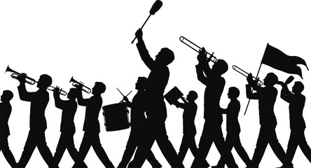 Silhouette marching band parade with trumpets, trombones, drums, flag bearer, baton leader, festive celebration, musical procession, ceremonial march © Arif Creatives