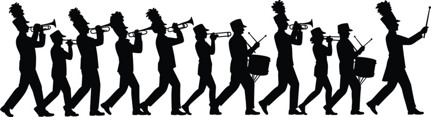 Silhouette marching band musicians in uniform playing instruments with leader baton parade performance rhythm unity artistic vector illustration design © Arif Creatives