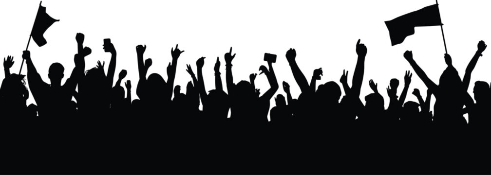 Silhouette large crowd of people raising arms waving flags protest rally celebration unity vector illustration design energetic collective movement artwork