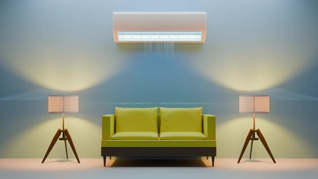 3d animation air conditioner with blue air flow, waves of cold air cool the living room. Cooling system for home, office or commercial space. Electronic air conditioner keeping comfortable temperature