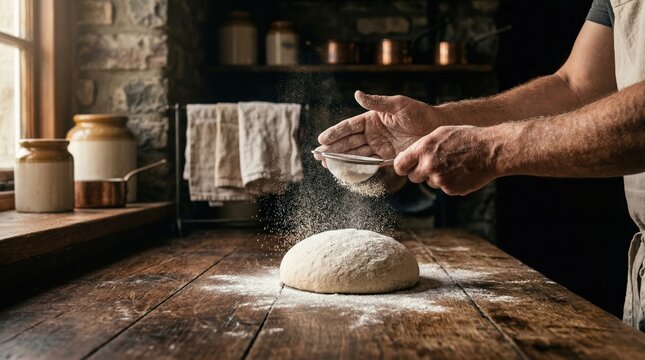 Mani di fornaio che setacciano la farina sull'impasto del pane in una cucina rustica. Generative AI 