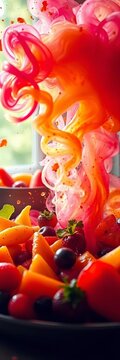 Explosion of flavor rendered in hyperreal hues, a visual feast from an elevated perspective,  high resolution,  culinary