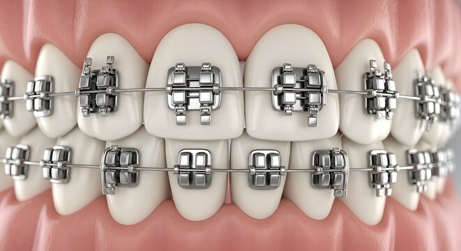 Close-up of Metal Dental Braces on Straight Teeth - Orthodontic Treatment