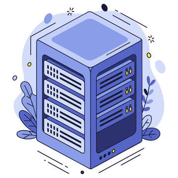 Stylized illustration of a futuristic server tower in blue tones