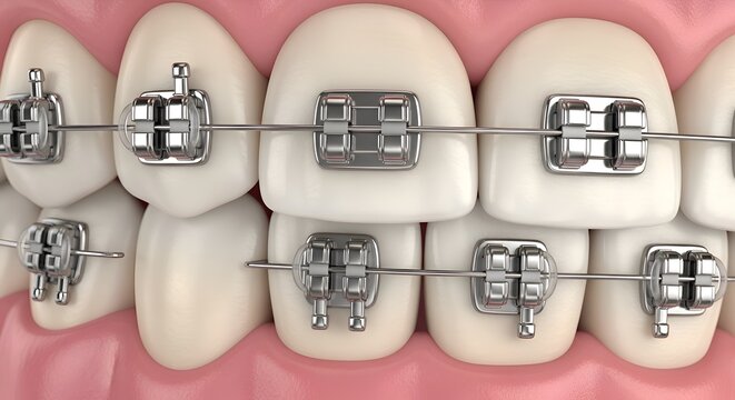 Close-up of teeth with ceramic braces, dental alignment and orthodontic treatment