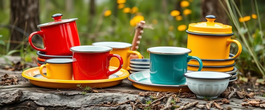 Vibrant enamelware camping mugs, plates, bowls in nature setting,   shade,  gear