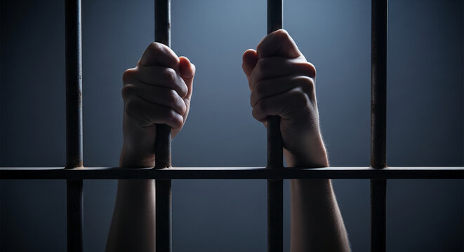 Close-up of two human hands gripping metal bars, suggesting imprisonment or confinement, representative of restriction and lack of freedom, dark background