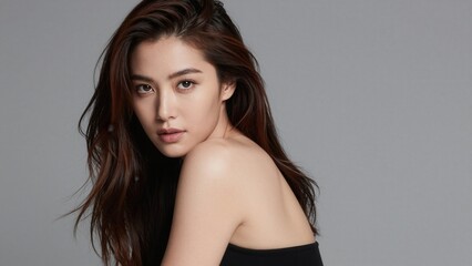 Fototapeta premium Graceful Young Asian Female Modeling in Elegance, Striking Black Strapless Gown Against Neutral Grey Studio Background