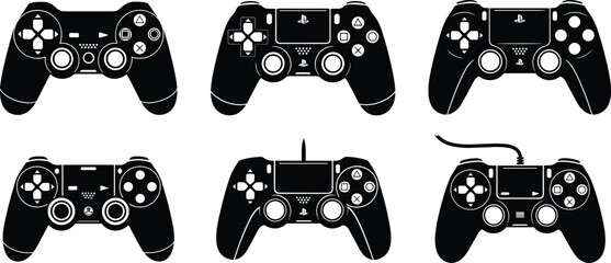 Video game controller silhouette vector collection, wireless gamepad icons set, electronic gaming equipment, modern console joystick devices for entertainment technology web design. © MdAzizulHaque