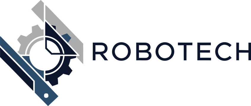 A modern Robotech logo with gears and robotic elements on a clean white background