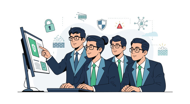 Illustration of four business professionals in suits examining data on a computer monitor with cyber security icons floating above, depicting a financial transaction protection concept in a flat 2D