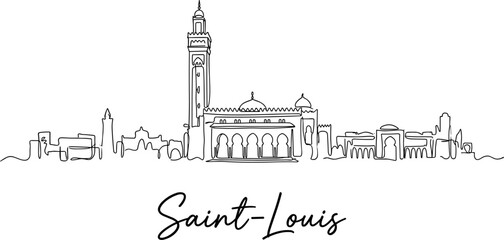 Fototapeta premium Minimalist Saint-Louis skyline continuous line art drawing with mosque architecture vector illustration
